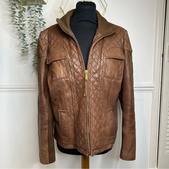 Michael kors brown tan leather with wool collar aviation style bomber jacket xl - Picture 2 of 12